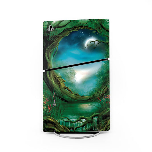 PS5 Slim skin with moonlit tree and dark green/blue fantasy artwork, PS logo