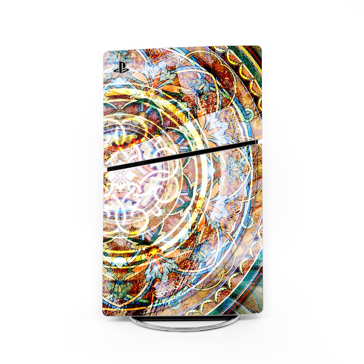 Colorful gaming console skin with ornate circular medallion and abstract swirls