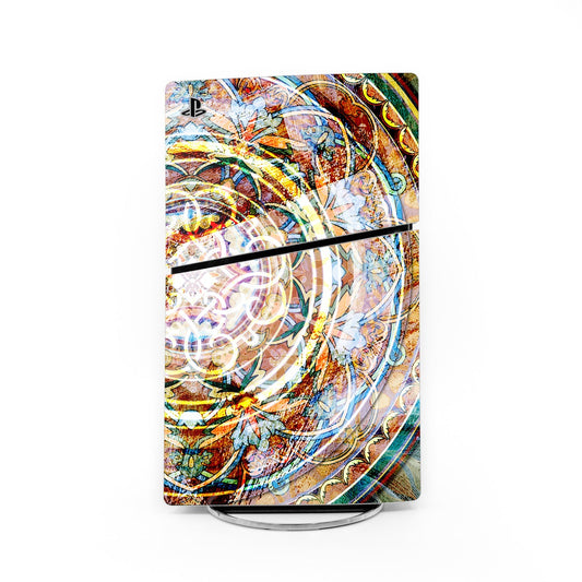 Colorful gaming console skin with ornate circular medallion and abstract swirls