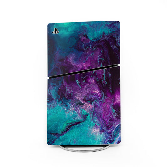 PS5 Slim skin with abstract teal and purple marbling and black stripe