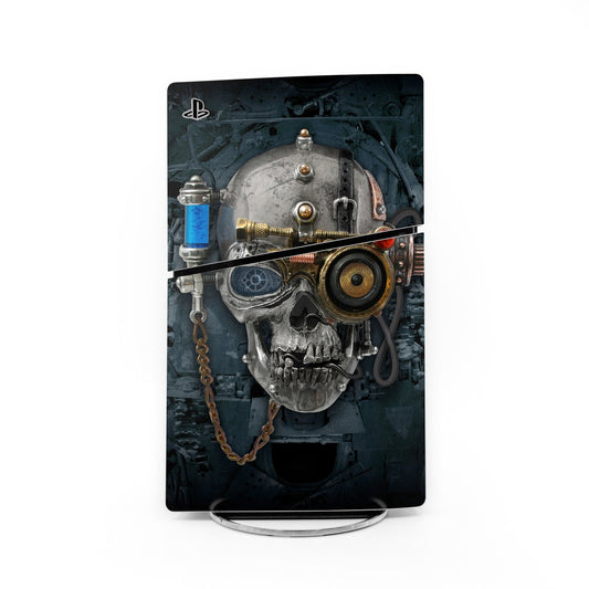 Necronaut PS5 Slim skin with dark skull gas mask artwork, chains and engine details