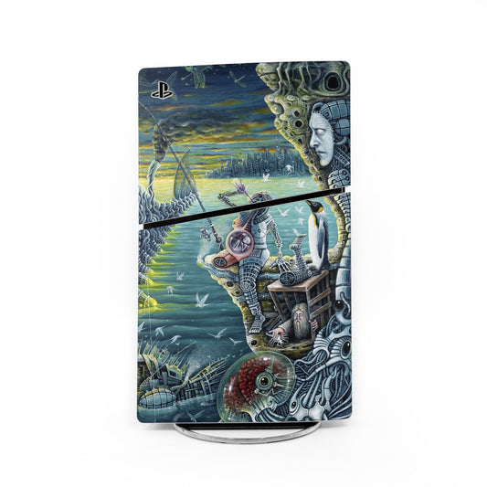 PS5 Slim console skin decal with PlayStation logo and sci-fi sea creature art