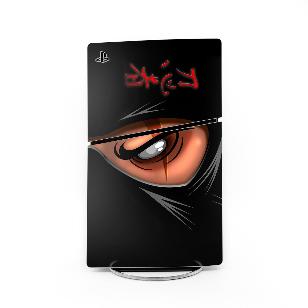 PlayStation 5 Slim skin decal with black background, red eyes, and ninja face art