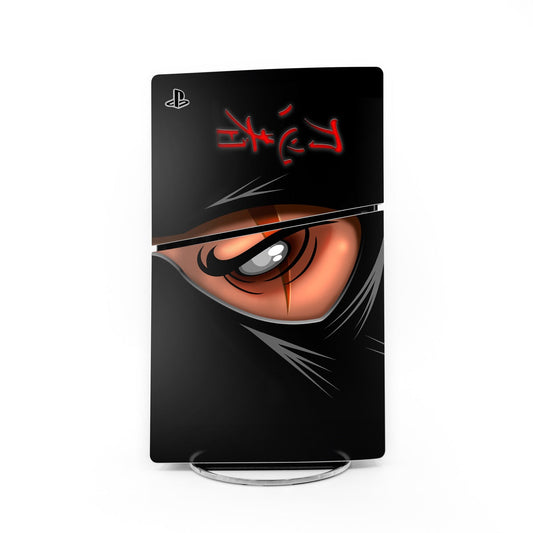 PlayStation 5 Slim skin decal with black background, red eyes, and ninja face art