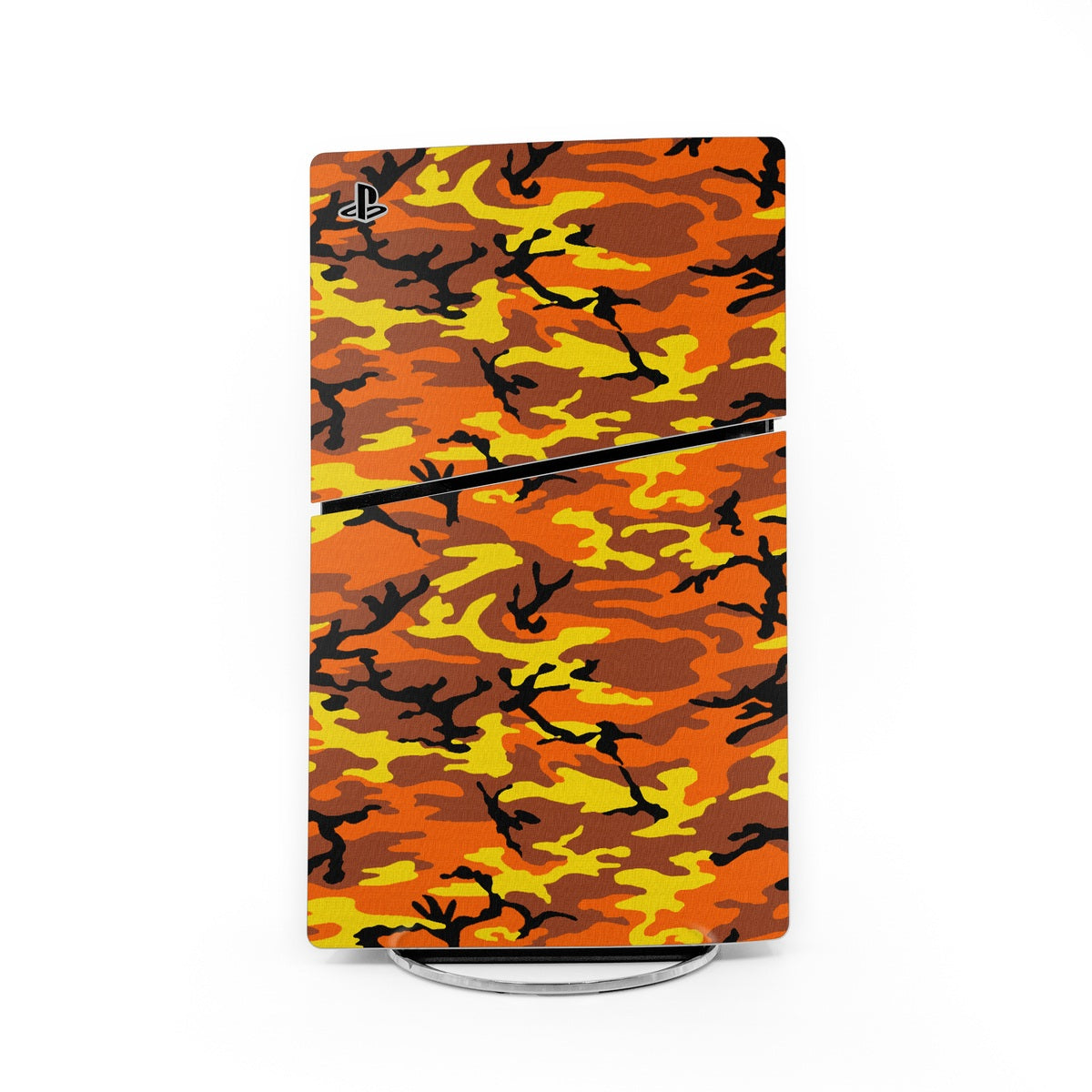 Orange camo PS5 Slim skin with PlayStation logo, full-body cover