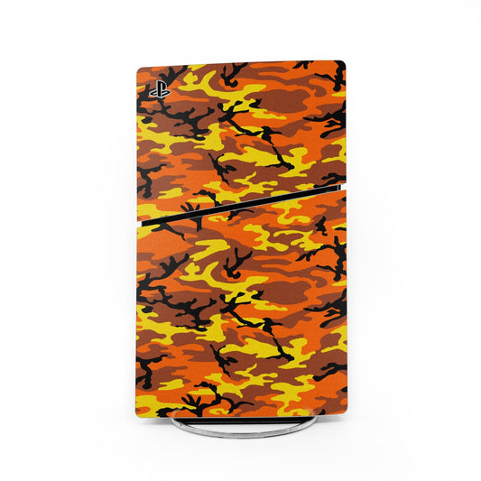 Orange camo PS5 Slim skin with PlayStation logo, full-body cover