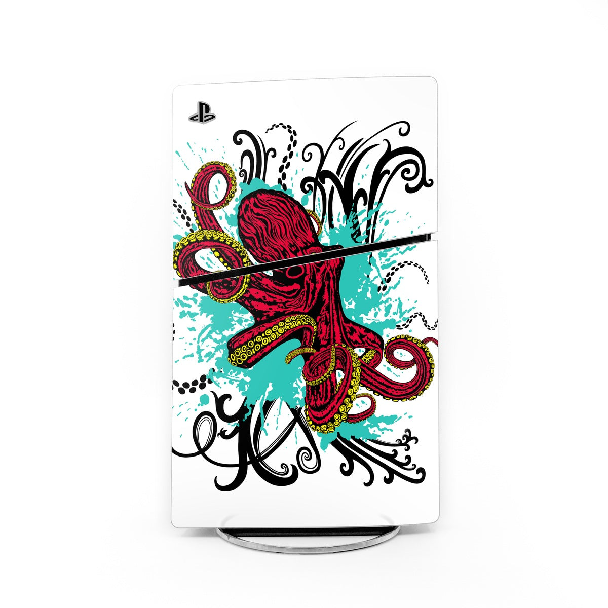 PlayStation 5 Slim console skin with colorful octopus illustration, white base