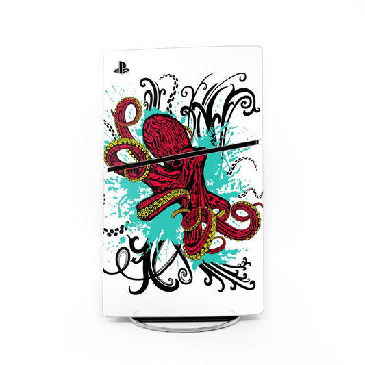 PlayStation 5 Slim console skin with colorful octopus illustration, white base
