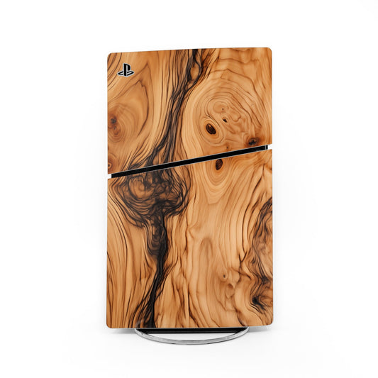 PlayStation PS5 Slim skin with olive-wood grain and dark swirl; PlayStation logo