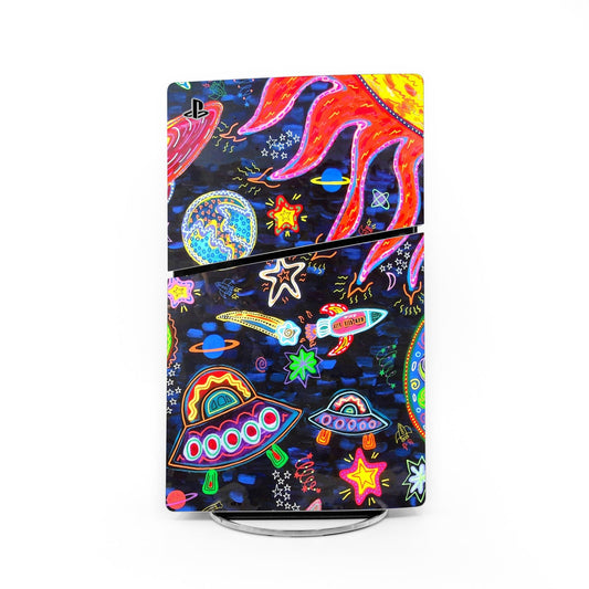 PS5 Slim console skin with colorful outer space rockets, planets, stars pattern