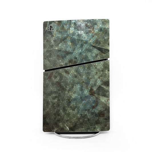 PS5 Slim skin decal with green and blue mosaic camouflage and PlayStation logo