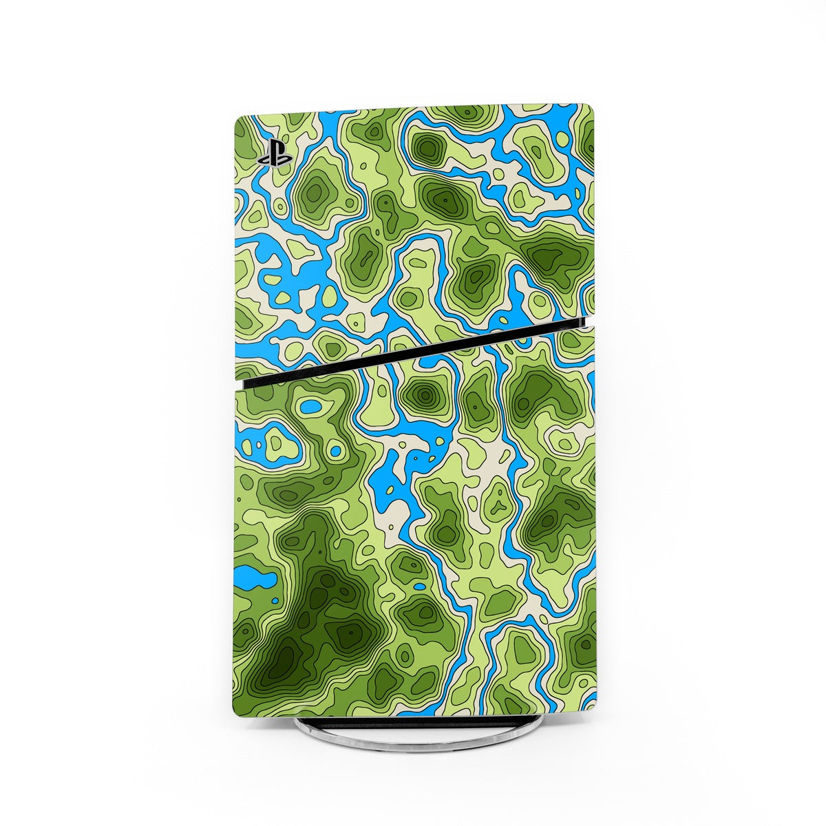 PS5 Slim console skin decal with green and blue topographic map pattern