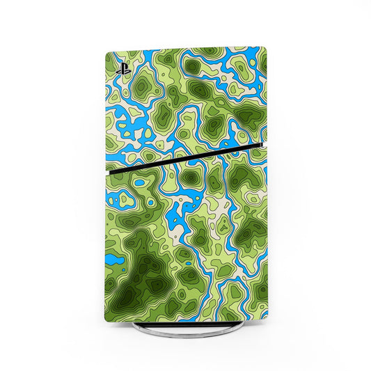 PS5 Slim console skin decal with green and blue topographic map pattern