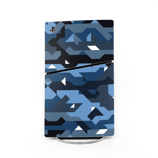PS5 Slim console skin with blue geometric camouflage pattern and PlayStation logo