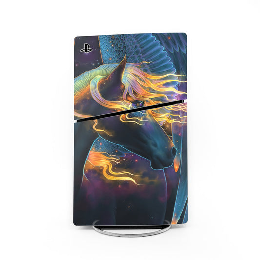 Sony PS5 Slim skin with PlayStation logo and colorful unicorn artwork, blue purple orange