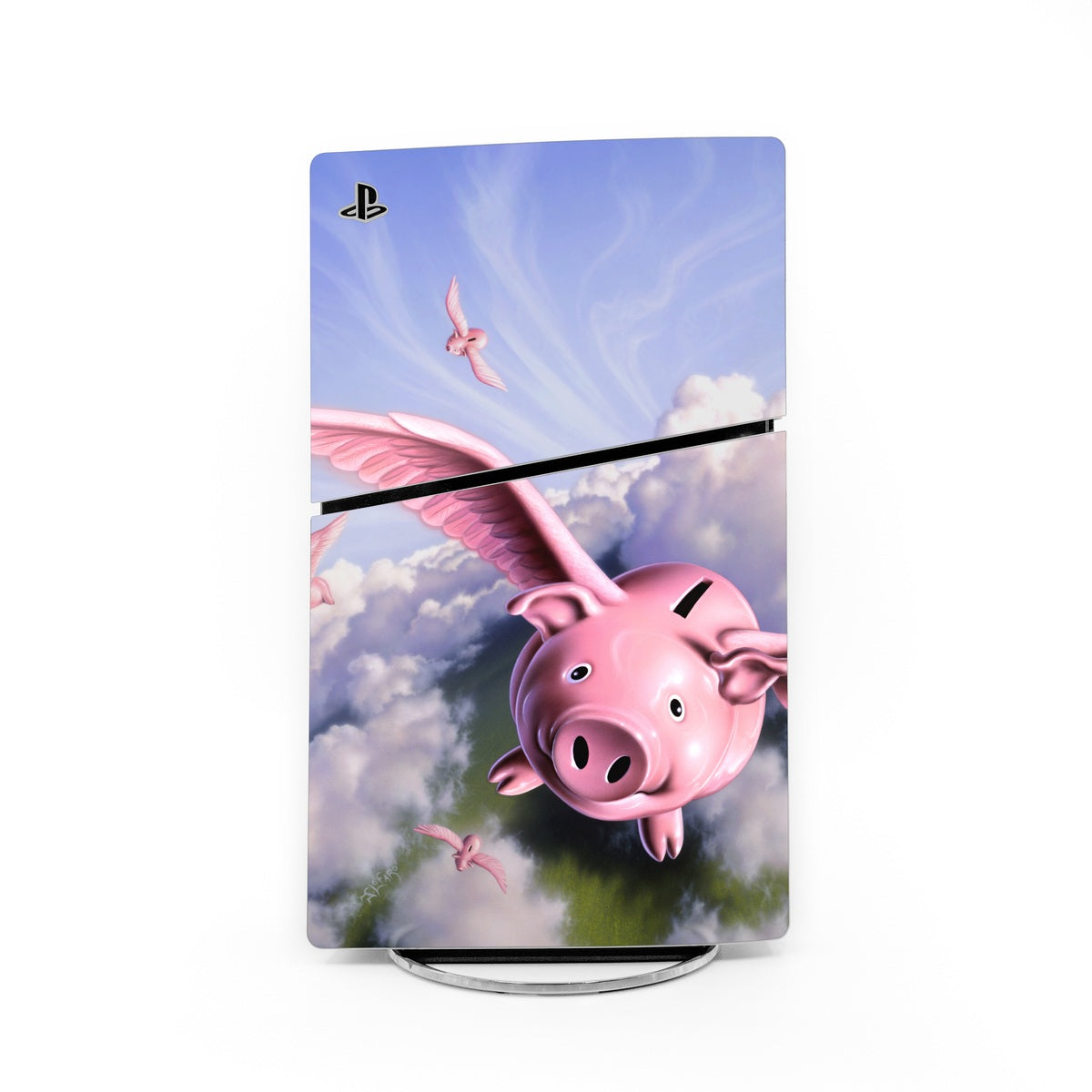 PlayStation 5 Slim skin with pink pig and cloud artwork, vinyl console decal