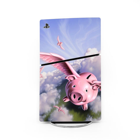 PlayStation 5 Slim skin with pink pig and cloud artwork, vinyl console decal