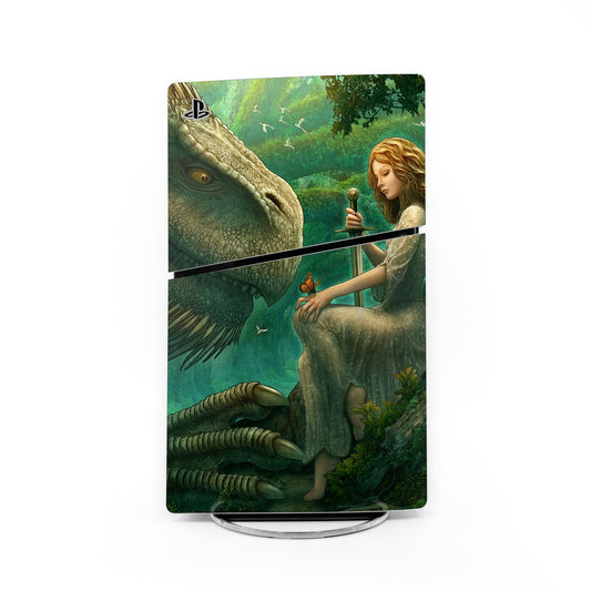 PS5 Slim console skin with girl and dinosaur-like creature illustration