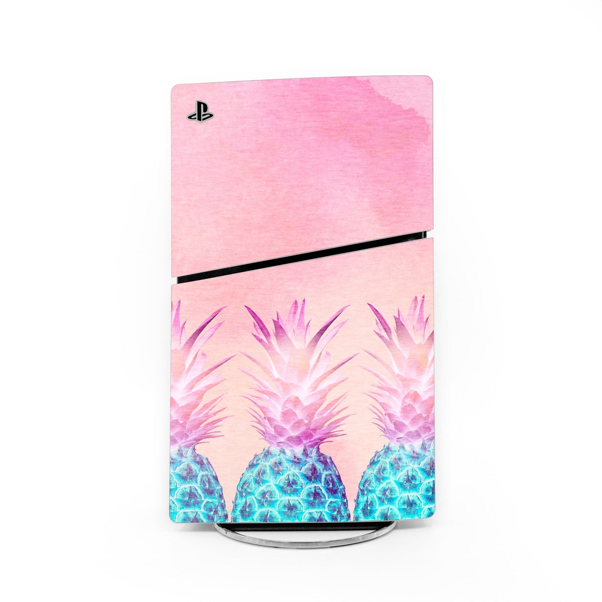 Sony PS5 Slim skin with pink pineapple graphic and PlayStation logo