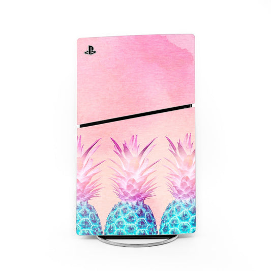 Sony PS5 Slim skin with pink pineapple graphic and PlayStation logo