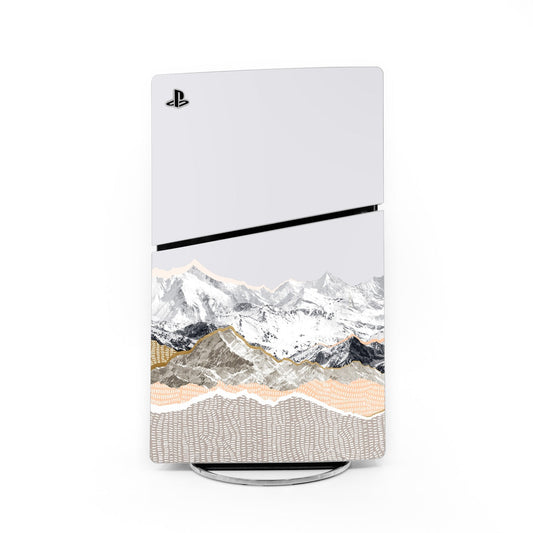 PS5 Slim console skin with pastel mountain landscape and PlayStation logo