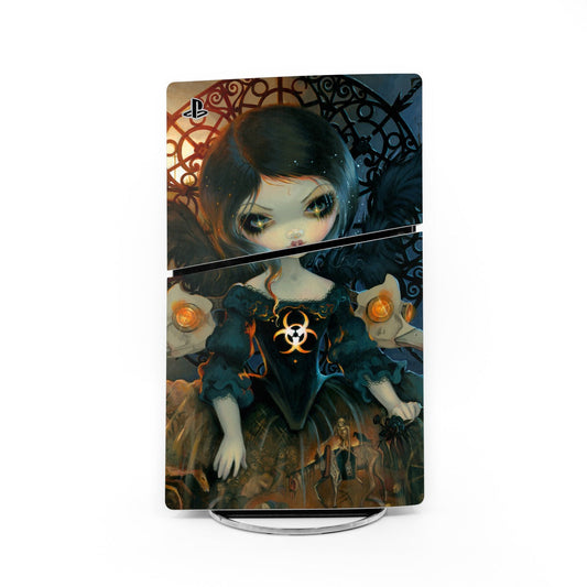 PS5 Slim console skin with anime girl illustration, blue and teal tones