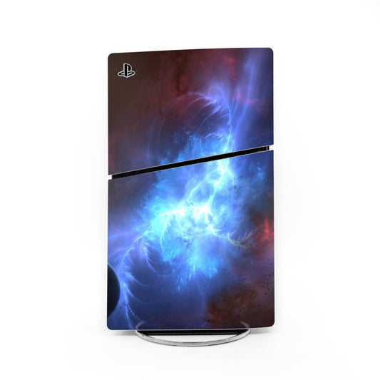 PS5 Slim console skin, blue space nebula with PlayStation logo