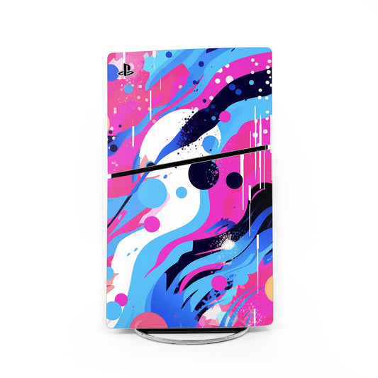 PlayStation 5 Slim console skin with colorful abstract pink, blue, and black graphics