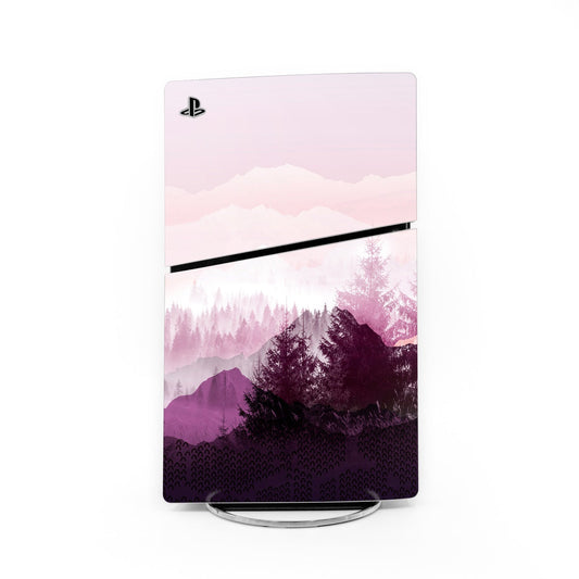 PS5 Slim skin in purple mountain landscape with PlayStation logo
