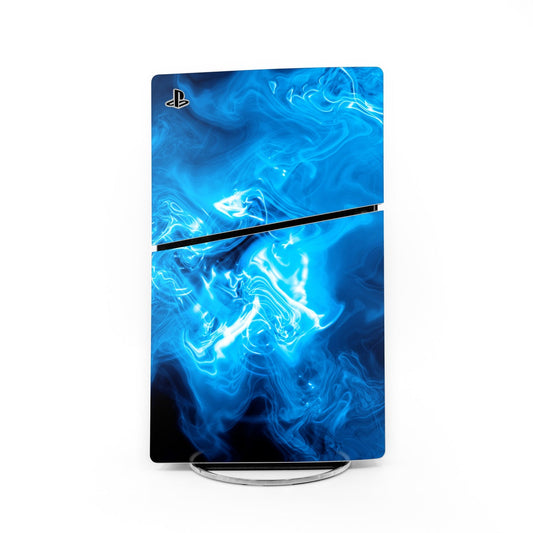 PlayStation 5 Slim skin in blue with swirling quantum wave pattern and PS logo