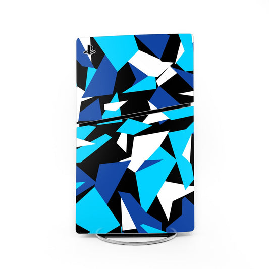 PS5 Slim console skin with blue and black geometric mosaic design