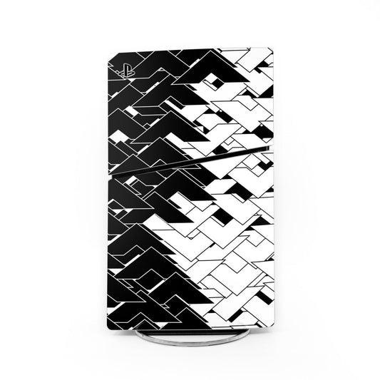 PS5 Slim skin with black and white geometric circuit pattern