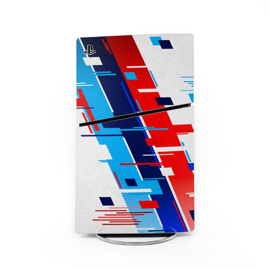 Sony PS5 Slim skin with blue and red geometric pattern on light gray backing
