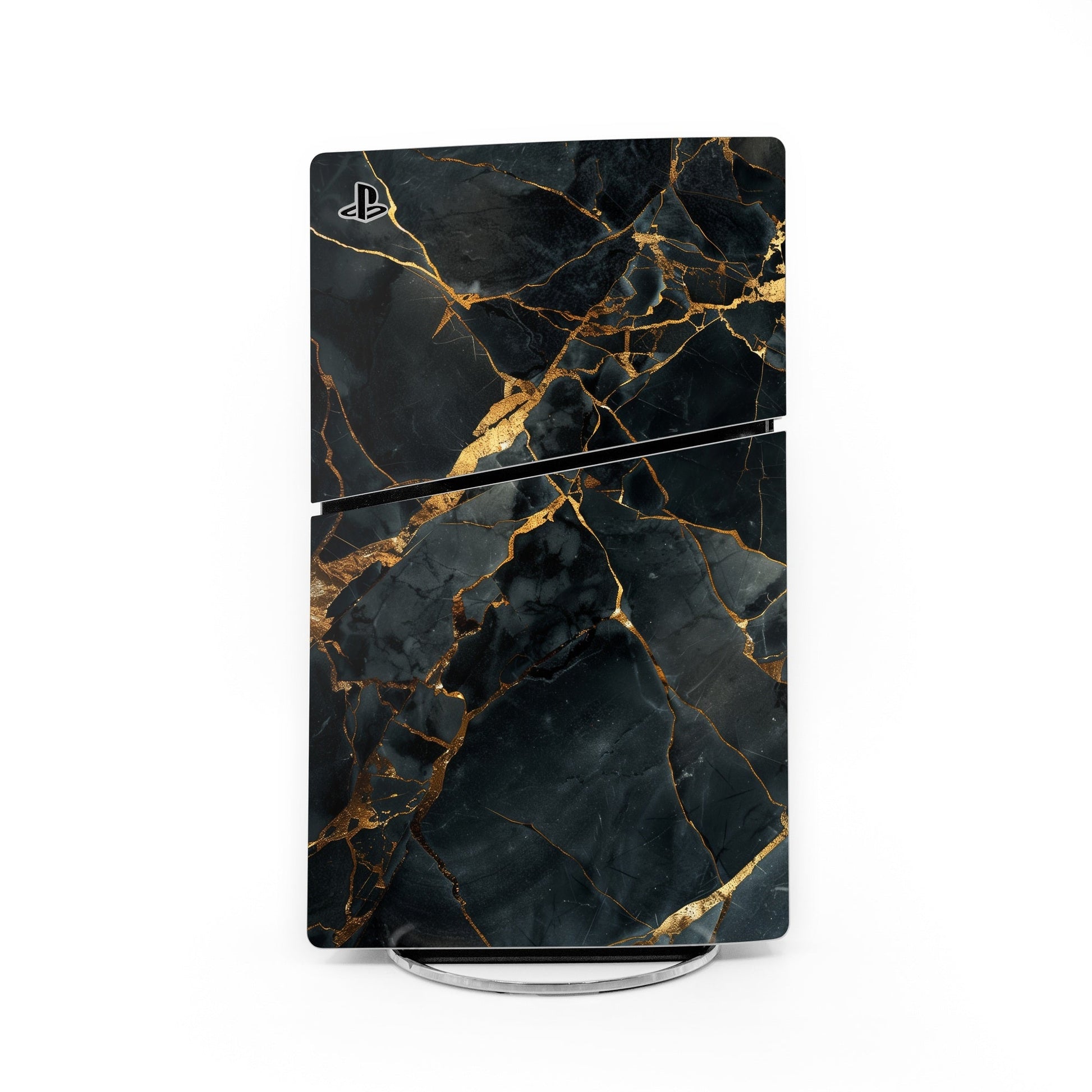 Sony PS5 Slim skin with black marble, gold veins, and PS logo