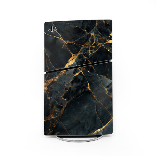 Sony PS5 Slim skin with black marble, gold veins, and PS logo