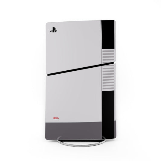 PS5 Slim skin with retro horizontal stripes, gray and black console cover