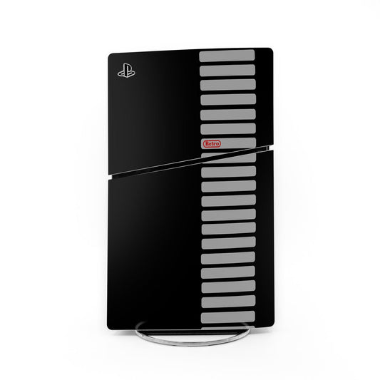 Sony PS5 Slim skin, black panel with PlayStation logo and stacked gray retro bars