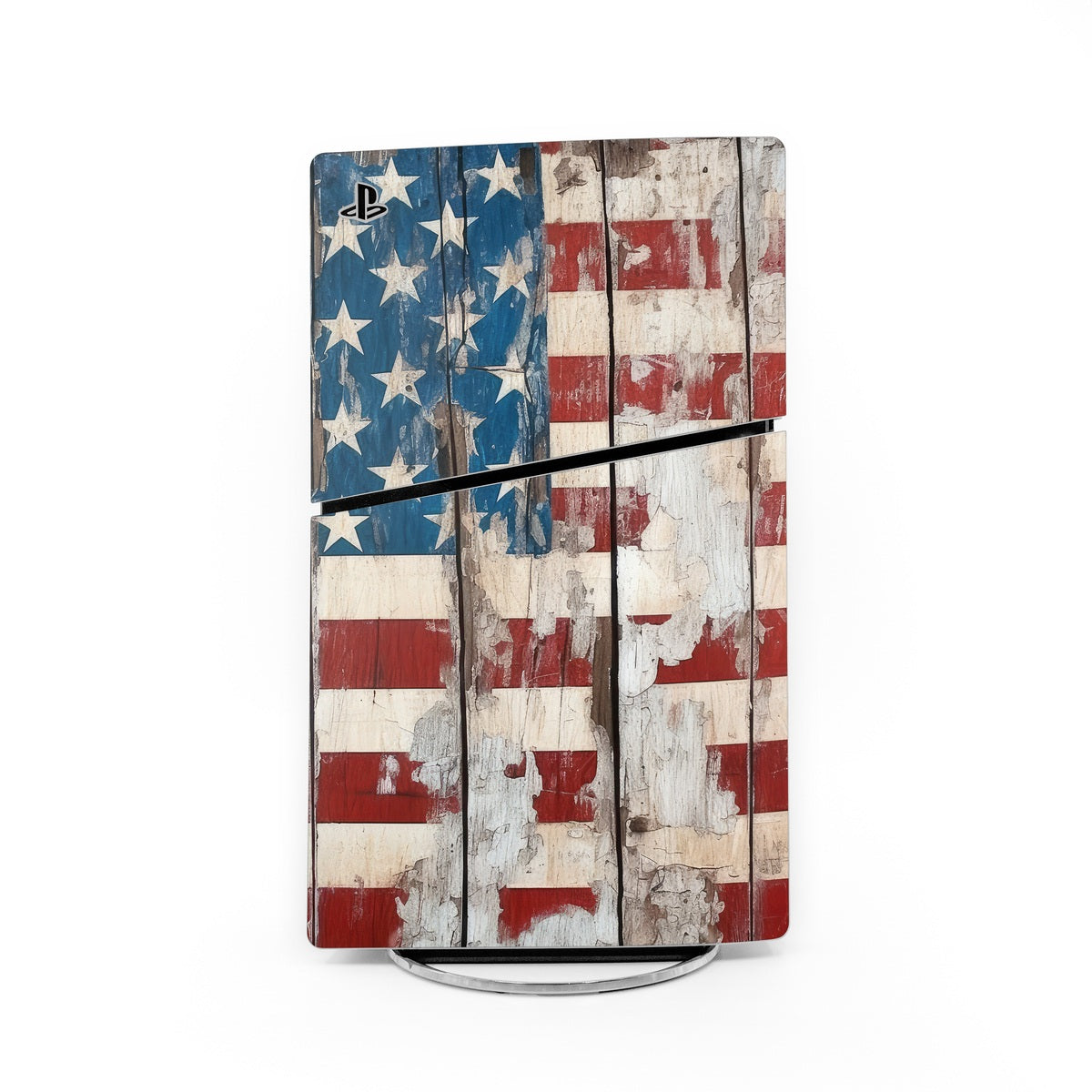 PS5 Slim console skin with distressed American flag stars and stripes, PS logo