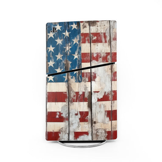 PS5 Slim console skin with distressed American flag stars and stripes, PS logo