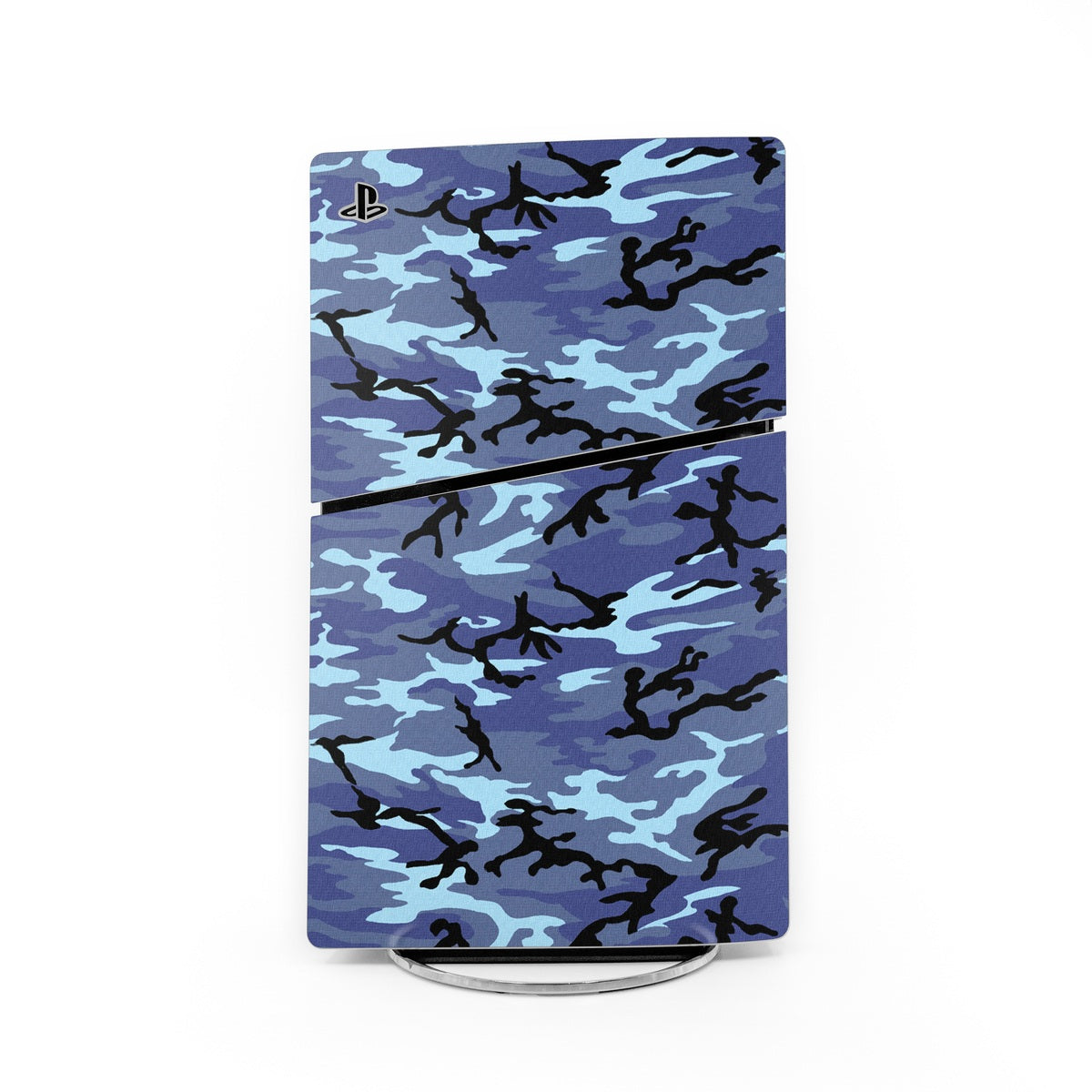 PS5 Slim skin with blue and black camouflage pattern, front and rear cover