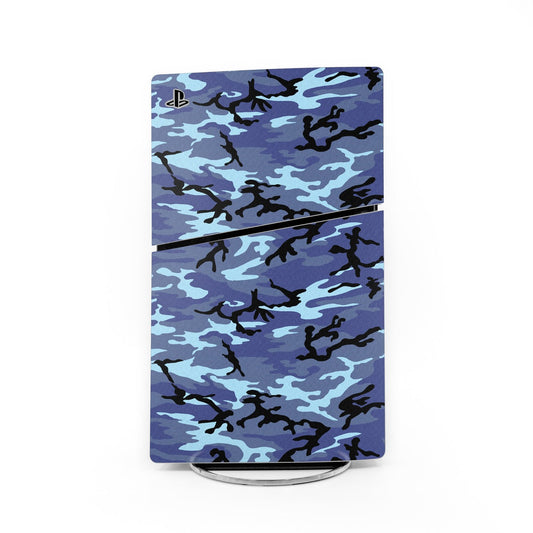 PS5 Slim skin with blue and black camouflage pattern, front and rear cover