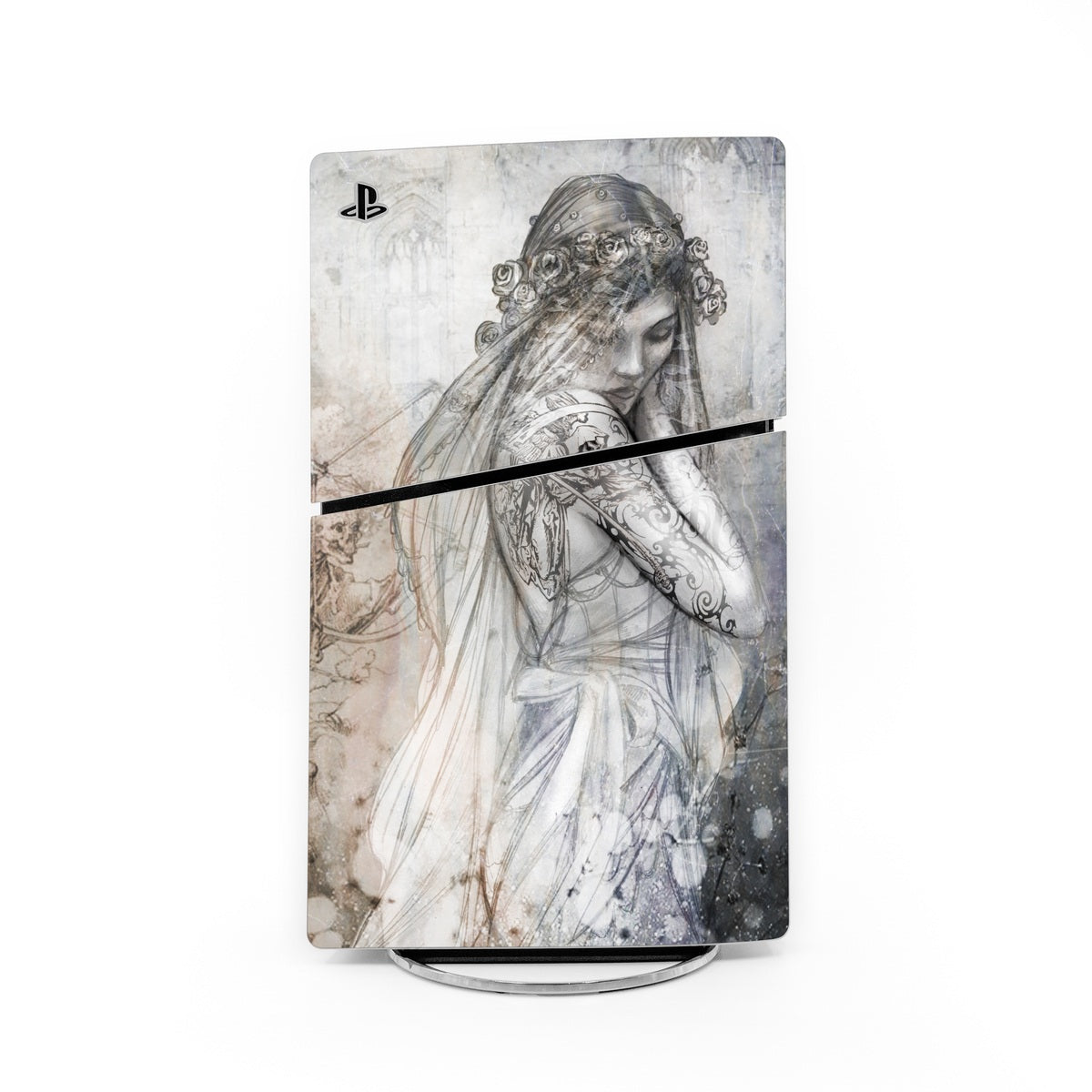 PlayStation PS5 Slim skin with grayscale bride illustration and thin black trim