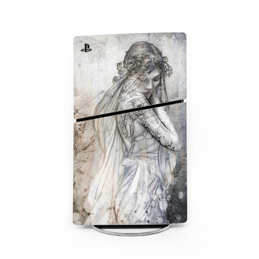 PlayStation PS5 Slim skin with grayscale bride illustration and thin black trim