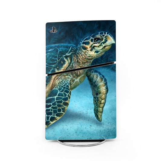 Sony PS5 Slim skin with sea turtle graphic and PlayStation logo, rectangular cover