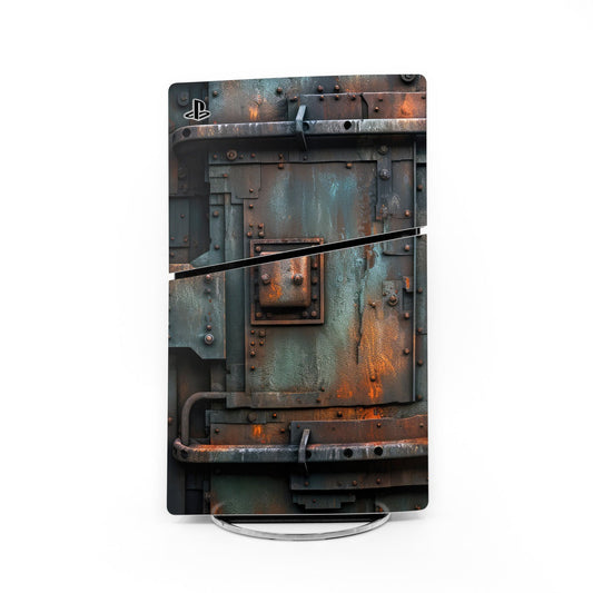 Sony PS5 Slim skin with industrial metal plate design and PS logo, rust orange accents