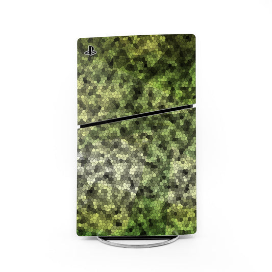 Green camo mosaic PS5 Slim skin with PlayStation logo and black stripe