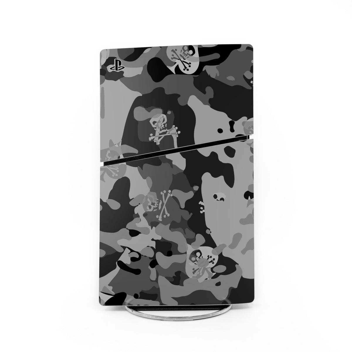 PS5 Slim skin decal, black multcam camouflage with PlayStation icons