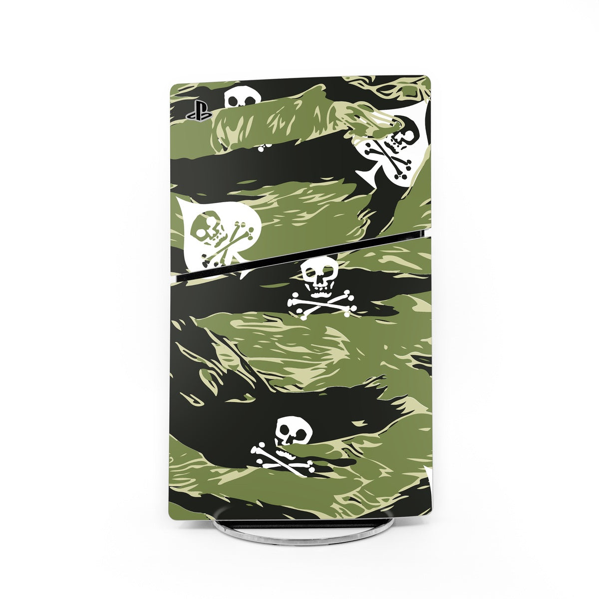 PS5 Slim skin decal, green and black tiger camo with skull and crossbones graphics