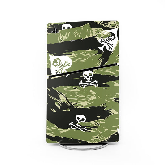 PS5 Slim skin decal, green and black tiger camo with skull and crossbones graphics