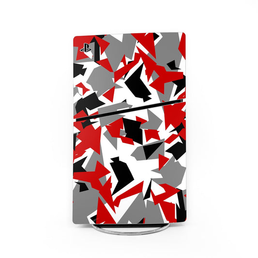 PS5 Slim console skin with red, white, and black abstract geometric pattern